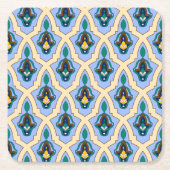 ヴィンテージブルーイエローモロッコアラビアトレーサリーアート スクエアペーパーコースター (正面)