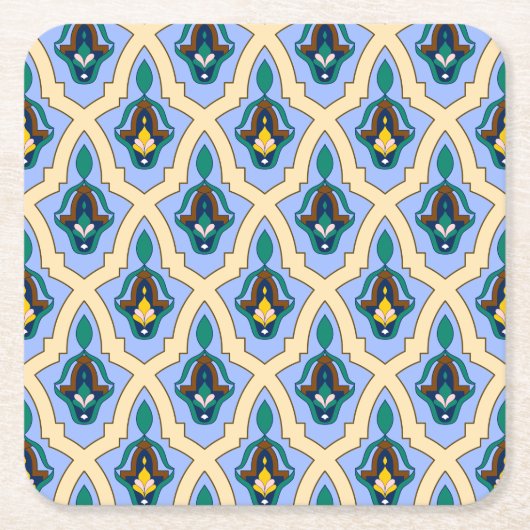 ヴィンテージブルーイエローモロッコアラビアトレーサリーアート スクエアペーパーコースター (正面)