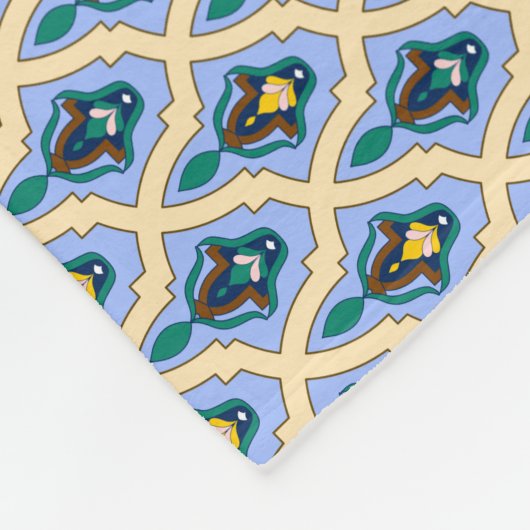 ヴィンテージブルーイエローモロッコアラビアトレーサリーアート フリースブランケット (角)