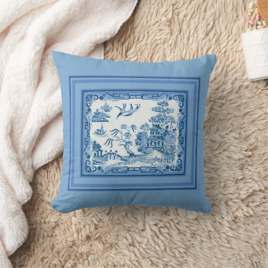 ヴィンテージブルーウィローとフレーム装飾用クッション クッション (ブランケット)
