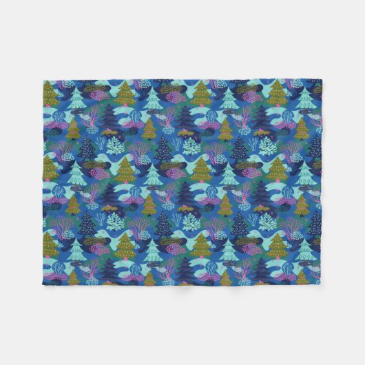 ヴィンテージブルーウィンタークリスマスツリーフォレスト フリースブランケット (正面(横))