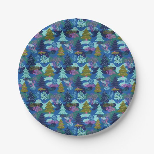 ヴィンテージブルーウィンタークリスマスツリーフォレスト ペーパープレート (正面)