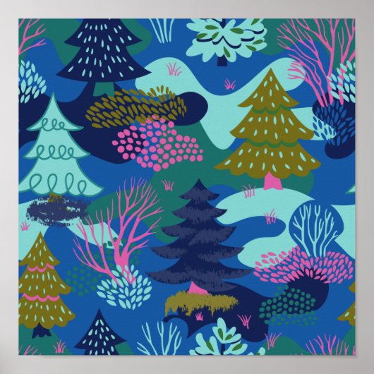 ヴィンテージブルーウィンタークリスマスツリーフォレスト ポスター (正面)