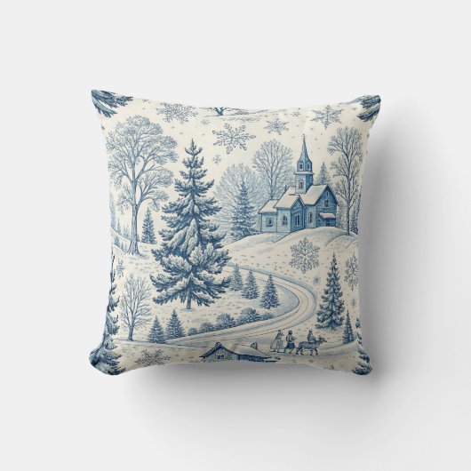ヴィンテージブルーウィンタービレッジクリスマススノーフレーク クッション (正面)