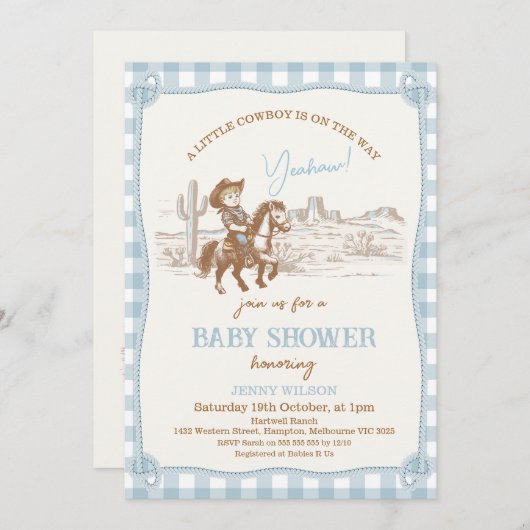 ヴィンテージブルーウェスタンリトルカウボーイベビーシャワー 招待状 (正面/裏面)