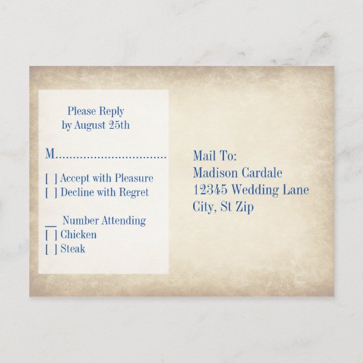 ヴィンテージブルーウェディング素朴RSVPポストカード インビテーションポストカード (裏面)