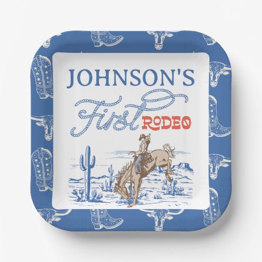 ヴィンテージブルーウエスタンデザートロデオ1st誕生日 ペーパープレート (正面)