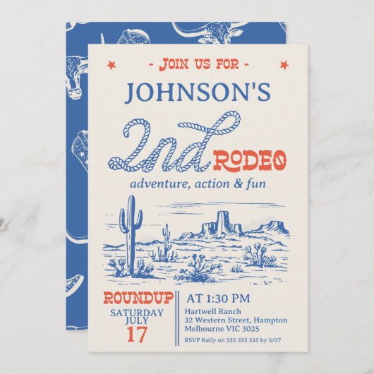 ヴィンテージブルーウエスタンデザートロデオ2nd誕生日 招待状 (正面/裏面)
