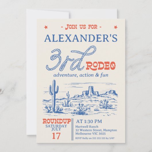 ヴィンテージブルーウエスタンデザートロデオ3rd誕生日 招待状 (正面)