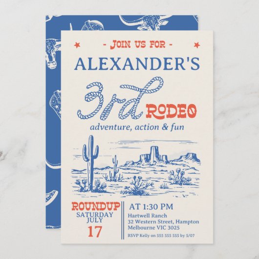 ヴィンテージブルーウエスタンデザートロデオ3rd誕生日 招待状 (正面/裏面)
