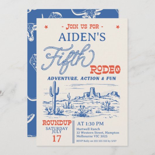 ヴィンテージブルーウエスタンデザートロデオ5誕生日 招待状 (正面/裏面)