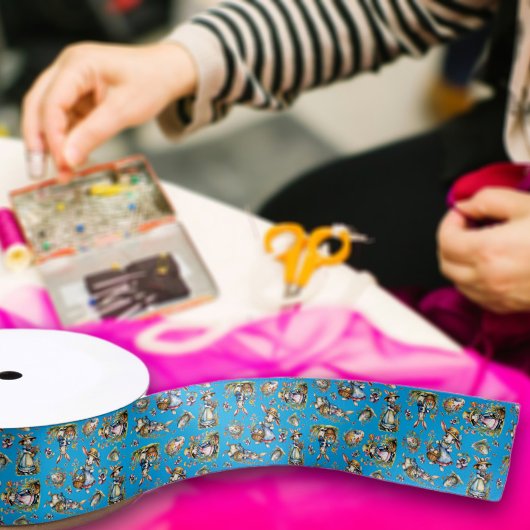 ヴィンテージブルーウォーターカラーイースターバニーパターン サテンリボン