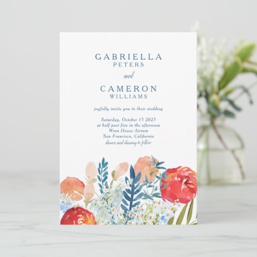 ヴィンテージブルーウォーターカラーフローラボホ庭園の結婚式 招待状 (スタンド正面)