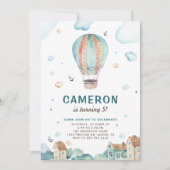 ヴィンテージブルーウォーターカラー熱風船誕生日 招待状 (正面)