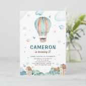 ヴィンテージブルーウォーターカラー熱風船誕生日 招待状 (スタンド正面)