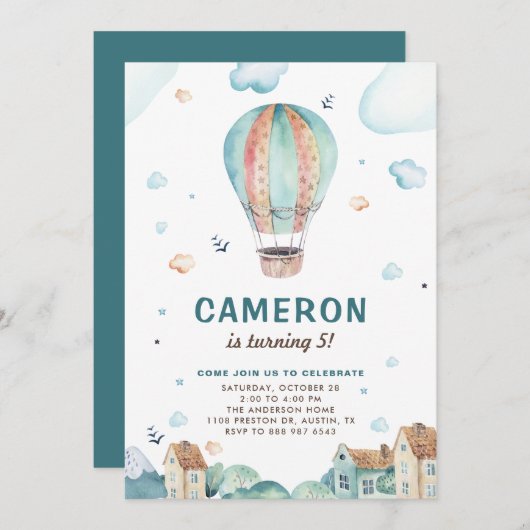 ヴィンテージブルーウォーターカラー熱風船誕生日 招待状 (正面/裏面)
