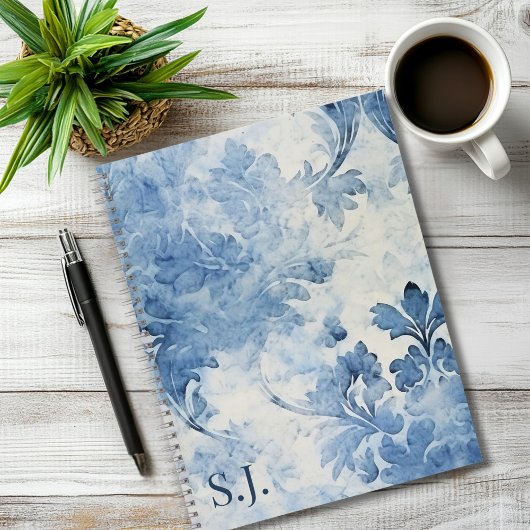 ヴィンテージブルーウォーター色フローラ モノグラムの ノートブック