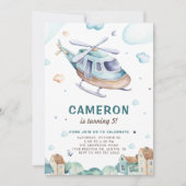 ヴィンテージブルーウォーター色ヘリコプタ子供の誕生日 招待状 (正面)