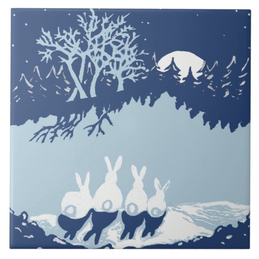 ヴィンテージブルーウサギと月、星空のナイトフォレスト タイル (正面)