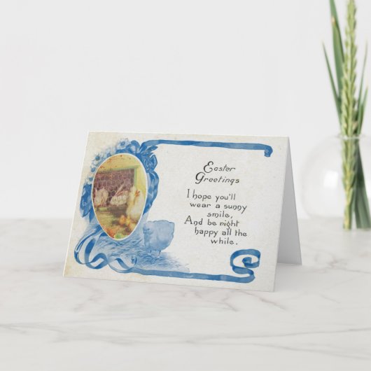 ヴィンテージブルーエッグチキンアンティークイースター シーズンカード (正面)