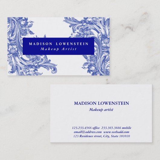 ヴィンテージブルーエレガントフローラのフローパターン 名刺 (正面/裏面)