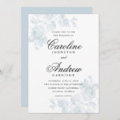 ヴィンテージブルーエレガントフローラス結婚クリプト 招待状 (正面/裏面)
