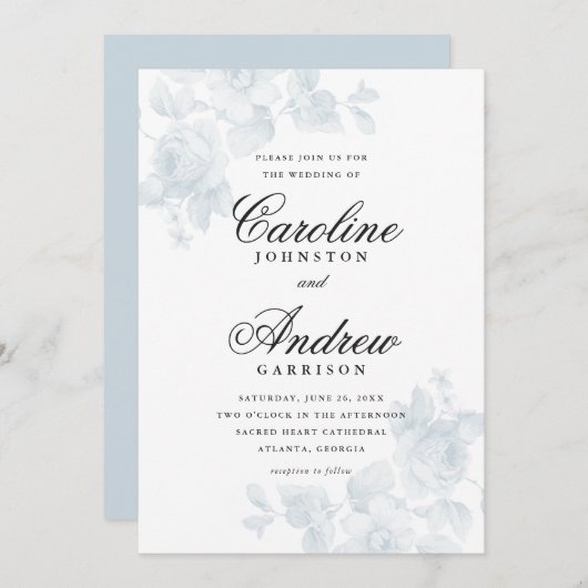 ヴィンテージブルーエレガントフローラス結婚クリプト 招待状 (正面/裏面)