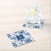 ヴィンテージブルーエレガントフローラモノグラム スクエアペーパーコースター (インサイチュ)