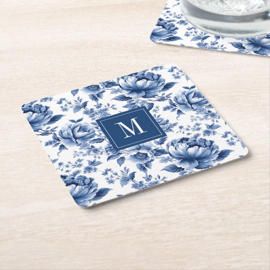 ヴィンテージブルーエレガントフローラモノグラム スクエアペーパーコースター (アングル)