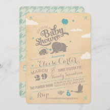 ヴィンテージブルーエレファントベビーシャワー招待状