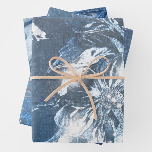 ヴィンテージブルーエンボスフローラモチーフ模様グリッター ラッピングペーパーシート (インサイチュ)