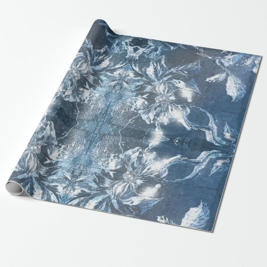 ヴィンテージブルーエンボスフローラモチーフ模様グリッター ラッピングペーパー (アンロールド)