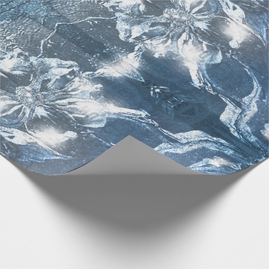 ヴィンテージブルーエンボスフローラモチーフ模様グリッター ラッピングペーパー (角)