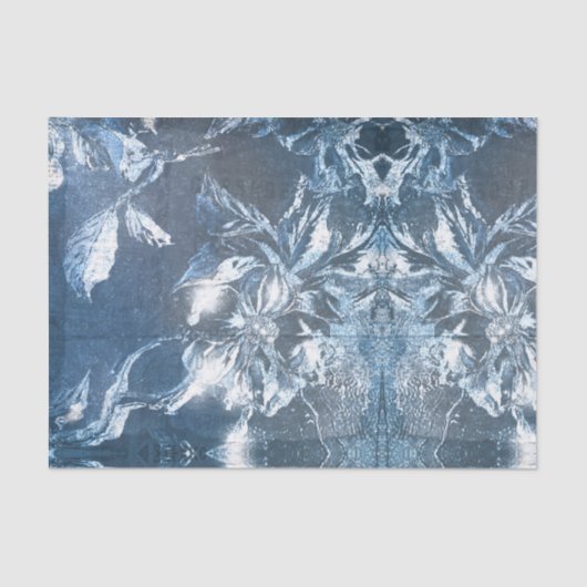 ヴィンテージブルーエンボスフローラモチーフ模様グリッター 薄葉紙 (正面)