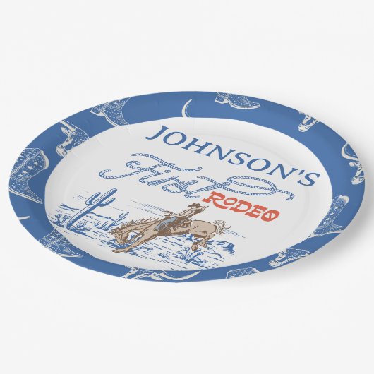 ヴィンテージブルーカウボーイファーストRodeo 1st誕生日 ペーパープレート (アングル)
