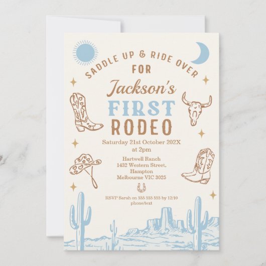 ヴィンテージブルーカウボーイファーストRodeo 1st誕生日 招待状 (正面)