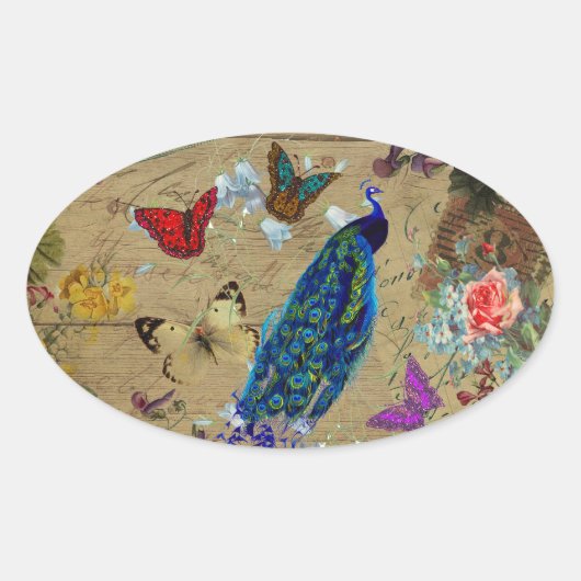 ヴィンテージブルーカラフルピーコックキュートバタフライ 楕円形シール (正面)