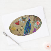 ヴィンテージブルーカラフルピーコックキュートバタフライ 楕円形シール (封筒)