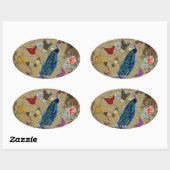 ヴィンテージブルーカラフルピーコックキュートバタフライ 楕円形シール (シート)