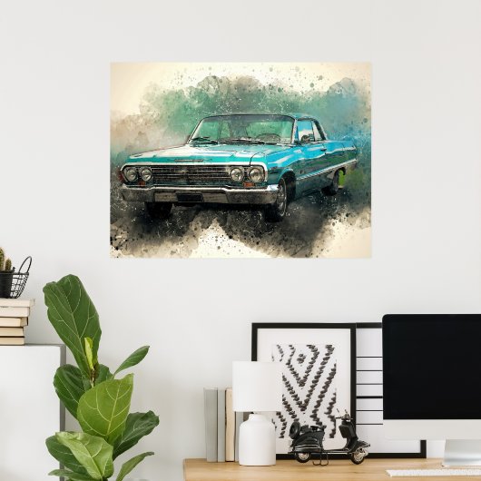 ヴィンテージブルーカータイムレス自動車芸術 ポスター (ホームオフィス)