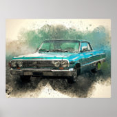 ヴィンテージブルーカータイムレス自動車芸術 ポスター (正面)