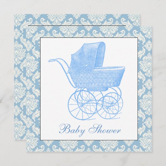 ヴィンテージブルーキャリッジパム男の赤ちゃんシャワー 招待状 (正面/裏面)