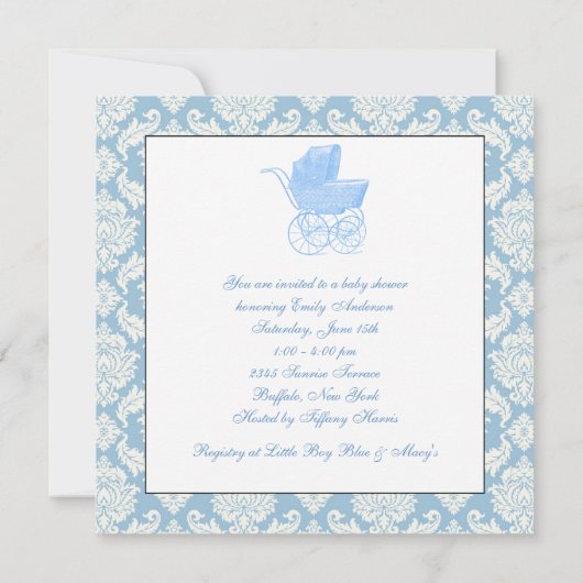 ヴィンテージブルーキャリッジパム男の赤ちゃんシャワー 招待状 (裏面)