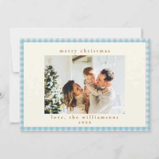 ヴィンテージブルーギンガムプレイドカスタム写真クリスマス シーズンカード (正面)