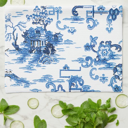ヴィンテージブルークラシックとホワイトのパゴダチノワセリー キッチンタオル (折り畳み)