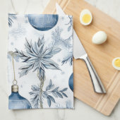 ヴィンテージブルークリスマスツリーオーナメントパターン キッチンタオル (四つ折り)