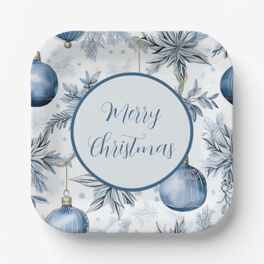 ヴィンテージブルークリスマスツリーオーナメントパターン ペーパープレート (正面)