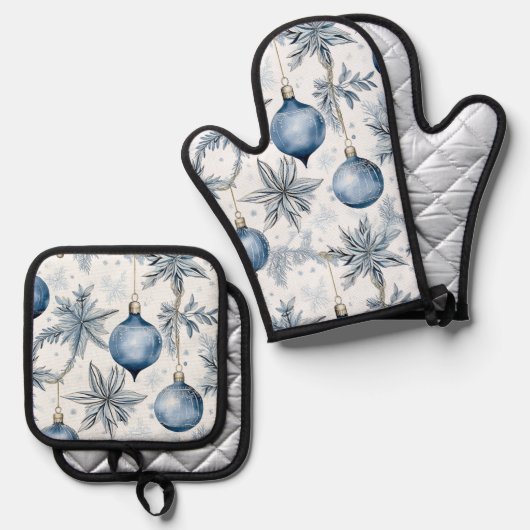 ヴィンテージブルークリスマスツリーオーナメントパターン 鍋つかみ&鍋敷きセット (正面/裏面)