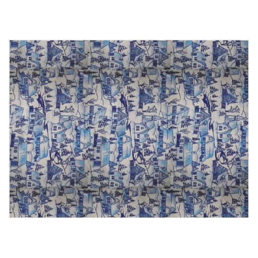 ヴィンテージブルークリスマスホリデービレッジ テーブルクロス (正面(横))