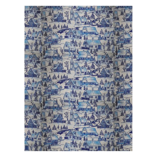 ヴィンテージブルークリスマスホリデービレッジ テーブルクロス (正面)